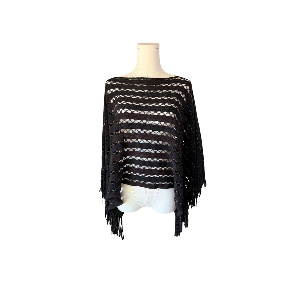 Womens Black Open Weave Striped Knit Poncho Top with Fringe Trim Boho Layering